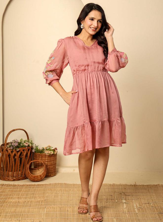 KASYA Pink Embroidered Organza Tiered Dress - Image 4